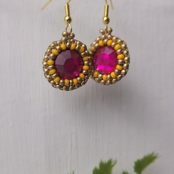 Pink And Orange Bohemian Beaded Mini Earrings - Picture 6 of 12